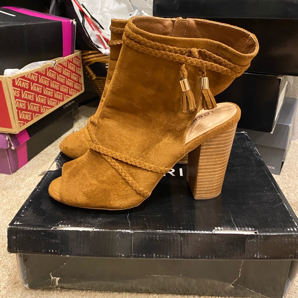 Cognac Heeled Peep Toe Bootie -Wide